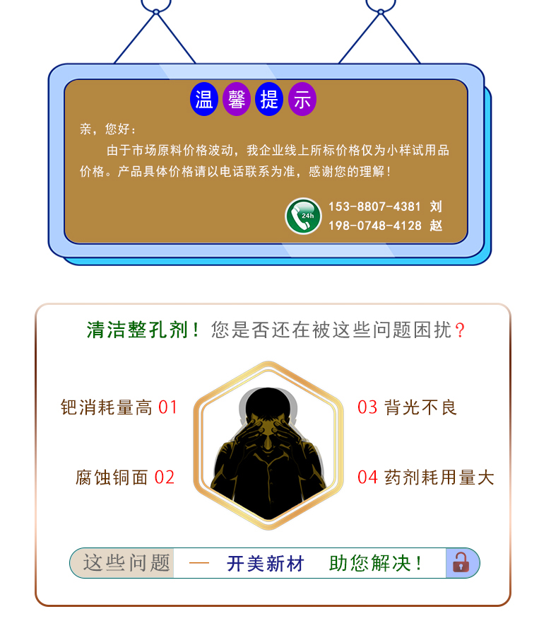 產(chǎn)品名稱： 堿性除油劑KP-1510  生產(chǎn)企業(yè)： 湖南開美新材料科技有限公司  特點(diǎn)及應(yīng)用：本品是一款適用基材廣泛、性能穩(wěn)定、具電荷調(diào)整能力的PCB印制電路板PTH清潔調(diào)整劑。KP-1510可提升化學(xué)銅背光等級(jí)，還有一個(gè)特點(diǎn)是體現(xiàn)在低的鈀消耗量。該品適用于高密度、多層數(shù)、高孔徑比的FR-4、特氟龍(PTFE)、玻璃、鋁基等多種基材的電荷調(diào)整。  定制開發(fā)說明：開美新材專注于配方型產(chǎn)品研制，可對(duì)國內(nèi)外來樣進(jìn)行解析分析，配方提高。可根據(jù)客戶需求提供個(gè)性化、定向產(chǎn)品研制生產(chǎn)。  特點(diǎn)及應(yīng)用：本品是一款適用基材廣泛、性能穩(wěn)定、具電荷調(diào)整能力的PCB印制電路板PTH清潔調(diào)整劑。KP-1510可提升化學(xué)銅背光等級(jí)，還有一個(gè)特點(diǎn)是體現(xiàn)在低的鈀消耗量。該品適用于高密度、多層數(shù)、高孔徑比的FR-4、特氟龍(PTFE)、玻璃、鋁基等多種基材的電荷調(diào)整。